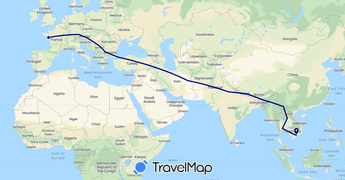 TravelMap itinerary: driving in Afghanistan, Austria, Bulgaria, China, Germany, France, India, Iran, Cambodia, Laos, Nepal, Pakistan, Serbia, Thailand, Turkey, Vietnam (Asia, Europe)